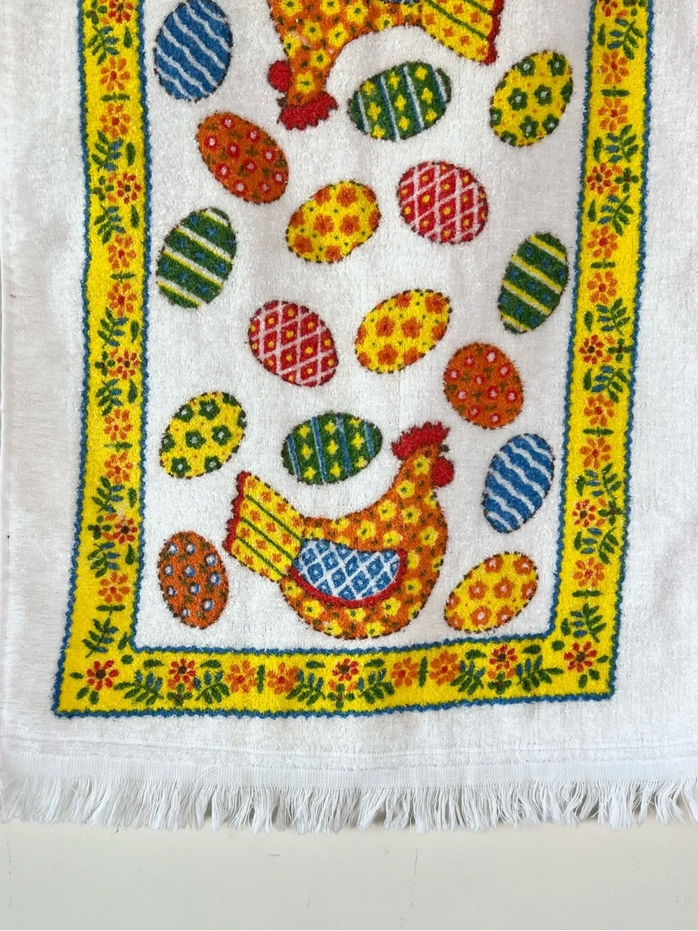Vtg 70s Cannon Mills Terry Kitchen Towel Retro Chicken Floral Eggs Fringe